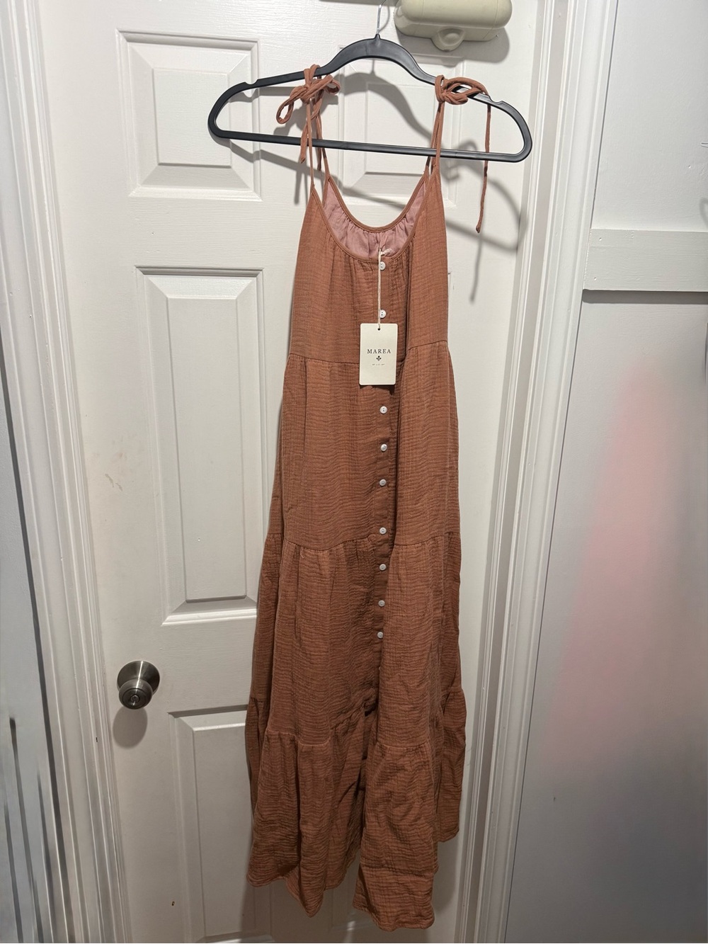 Marea Tie-Shoulder Midi Dress in Rust with Front Buttons